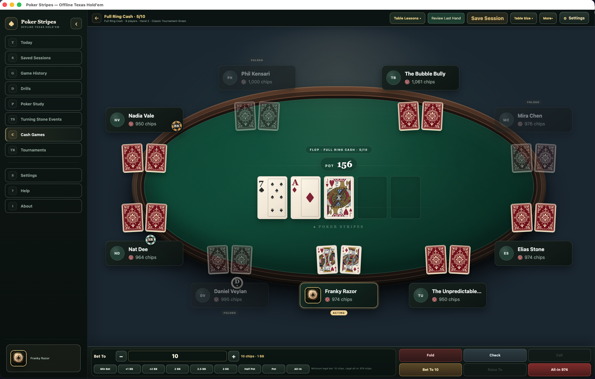 Unedited Poker Stripes app screenshot showing the Full Ring cash table, the game's sidebar and controls, and a king of hearts and king of diamonds in the player's hand.