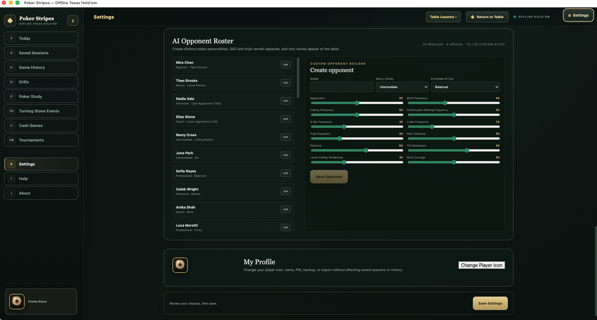 Unedited Poker Stripes app screenshot showing the complete AI Opponent Roster, saved opponents, and custom opponent builder.