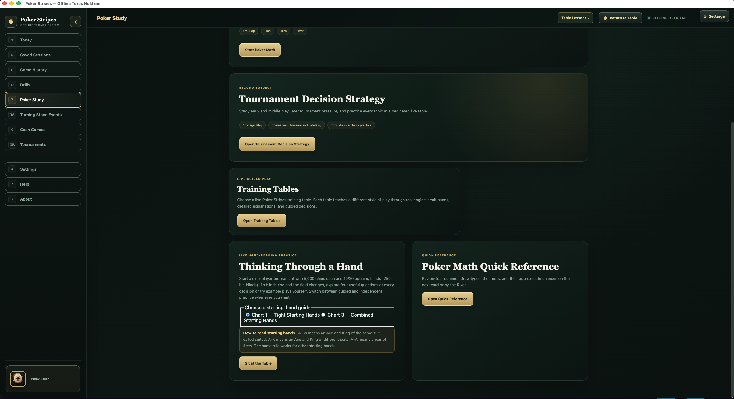 Unedited Poker Stripes screenshot showing Training Tables, Thinking Through a Hand, and Poker Math Quick Reference.