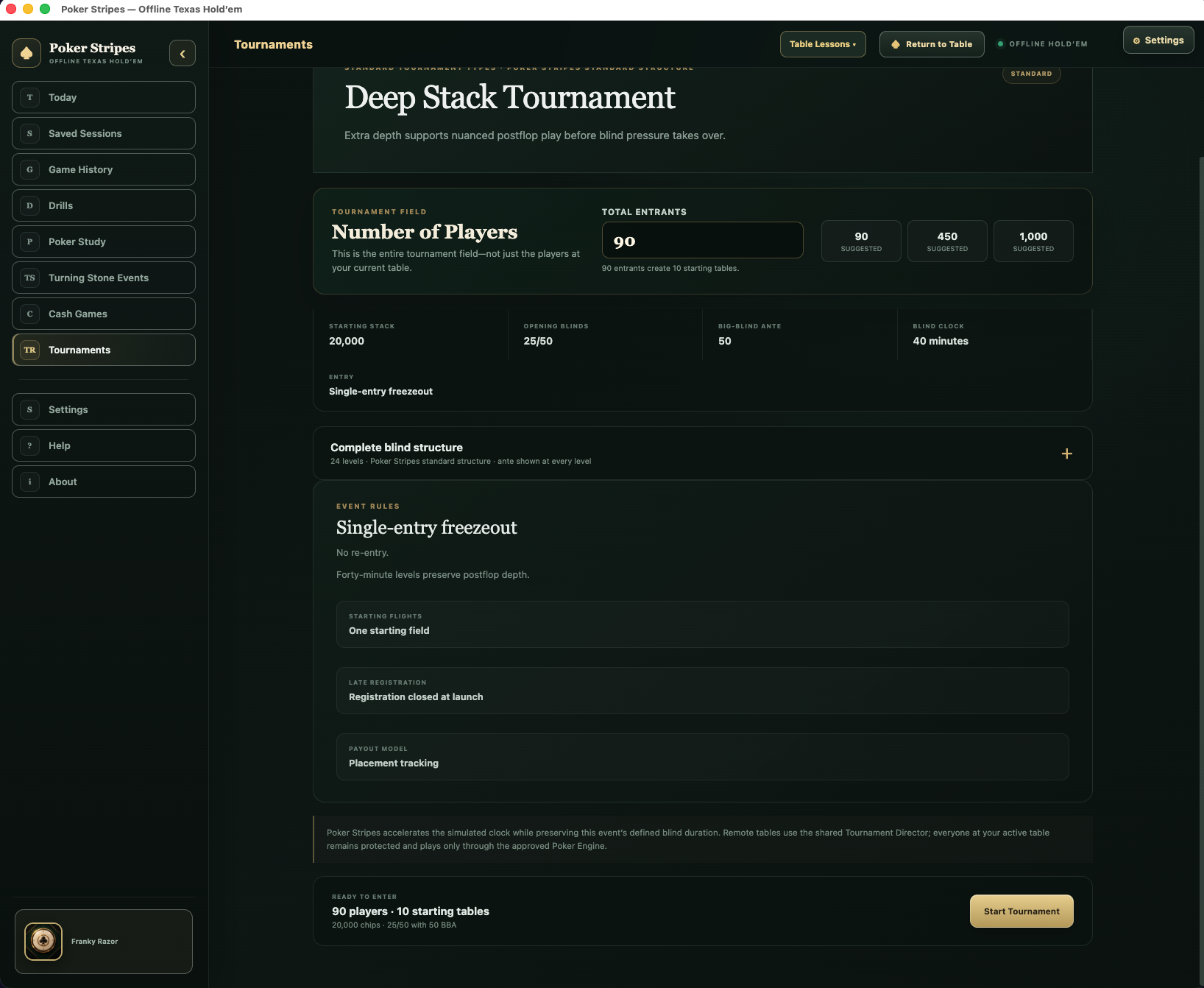 Unedited Poker Stripes screenshot showing Deep Stack Tournament setup, player count, blind structure, and event rules.