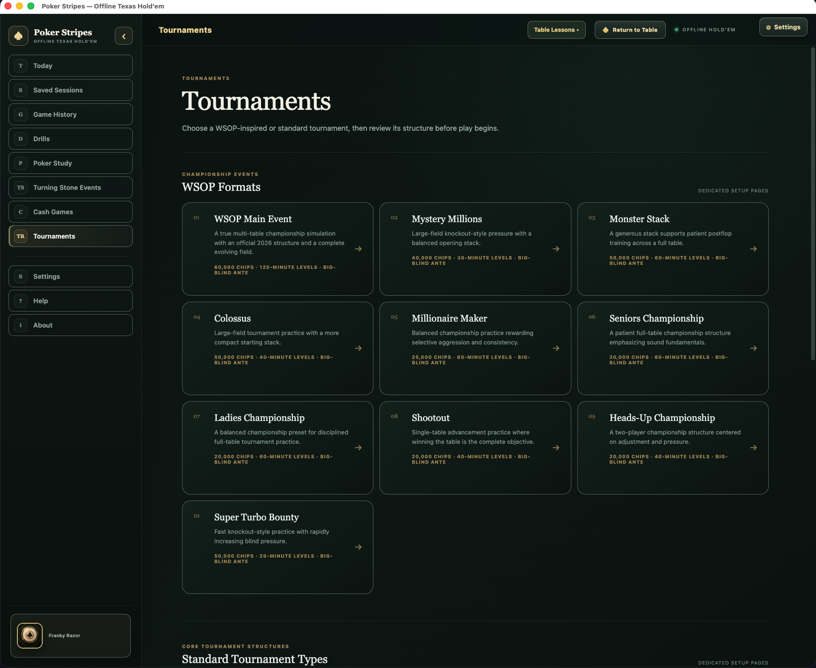 Unedited Poker Stripes screenshot showing the Tournaments page and its championship-style event formats.