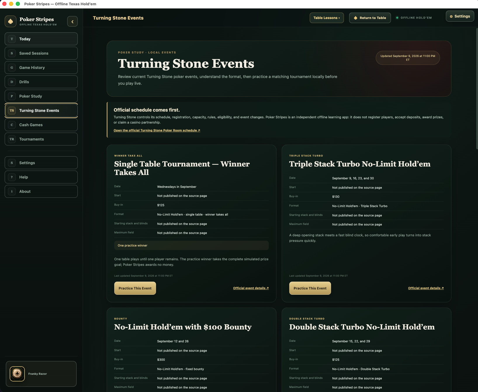Unedited Poker Stripes development screenshot showing Turning Stone Events practice information and a notice to consult the official schedule.